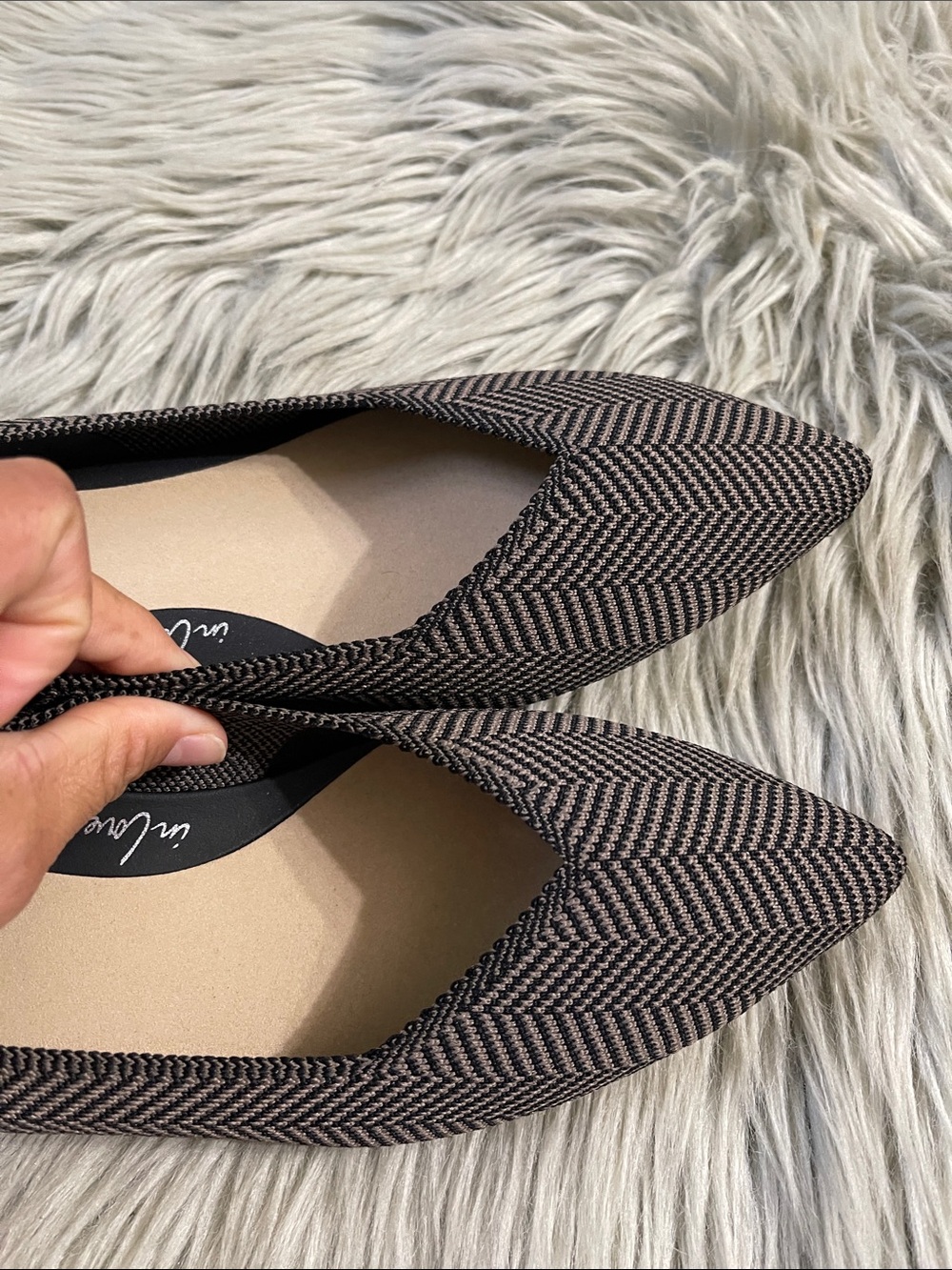 Rothy's Pointed Toe Flats in Brown Herringbone with Blue Trim - Picture 5 of 6